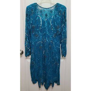 Vintage VINNIE Long Sleeve Beaded Dress Blue 100% Silk Flapper Glamour Size L
